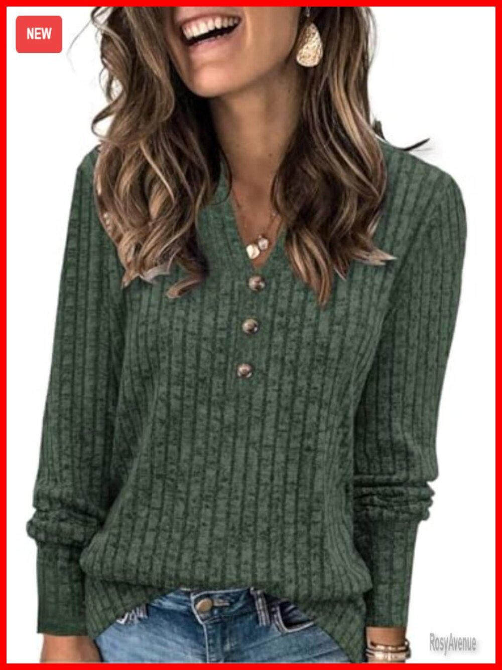 Womens Henley Neck Sweater Pullover Long Sleeve Loose Fit V-Neck Knit Top